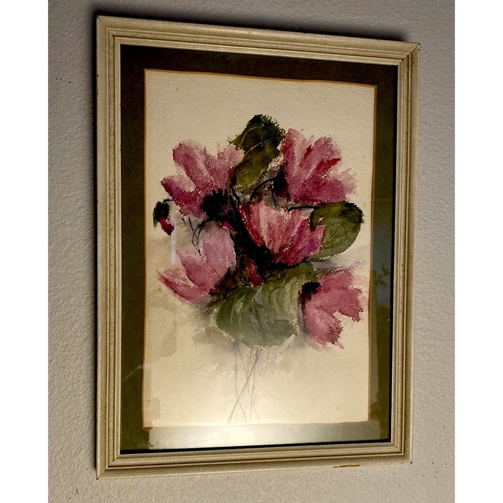 Vintage Original Watercolor Pink Floral Painting In Ornate Frame